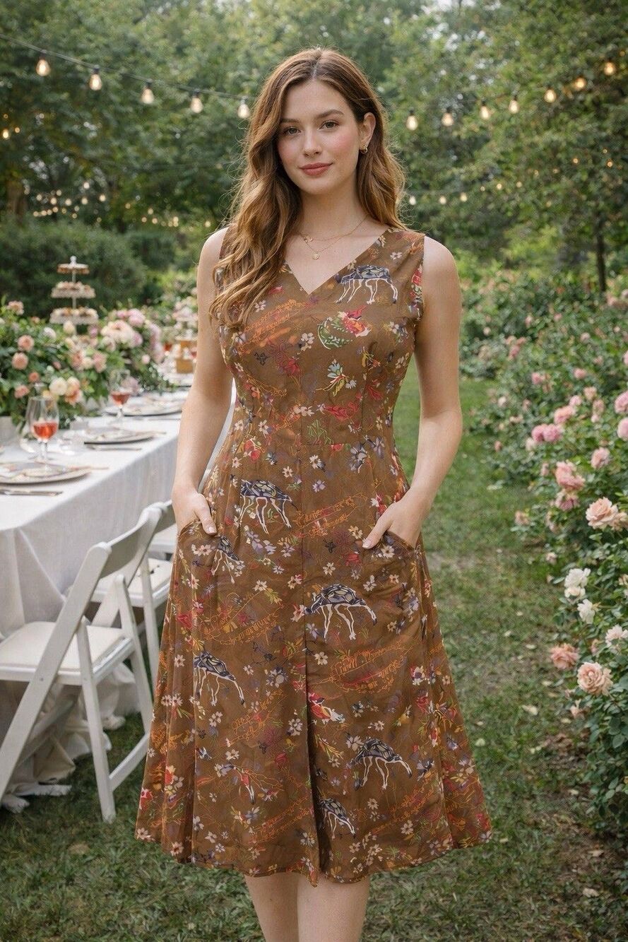 Frock Shop Silk Blend Midi Dress Brown Fairycore Woodland Print Sleeveless SizeM